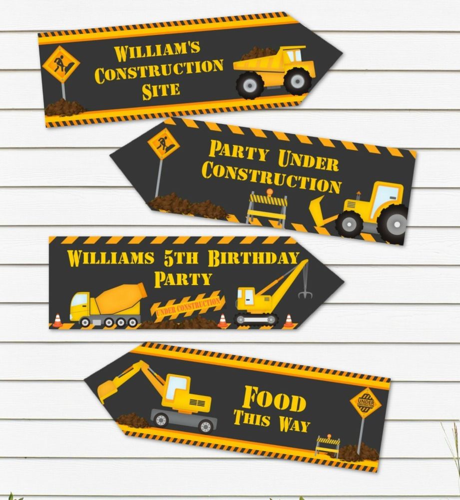 4 Personalised Construction Building Site Diggers Party Decoration Arrows