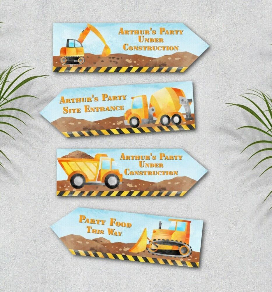 4 Personalised Construction Building Site Diggers Party Decoration Arrows