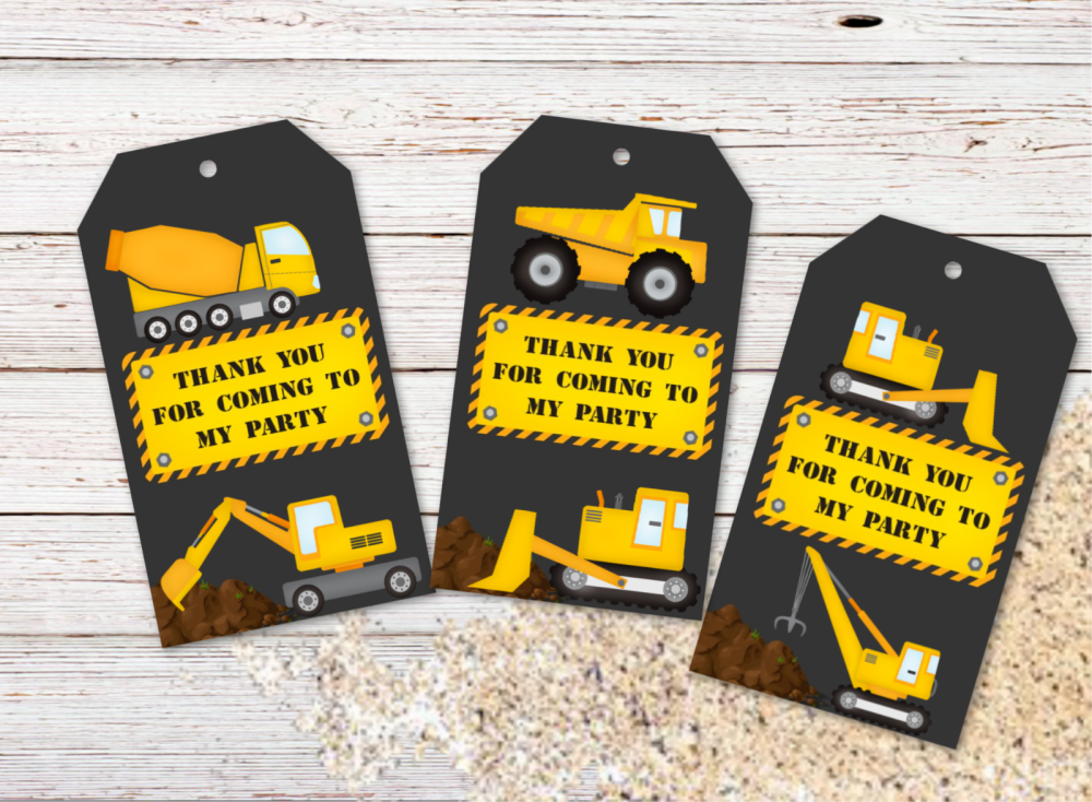 6 Large Construction Digger Party Thank You Tags & String
