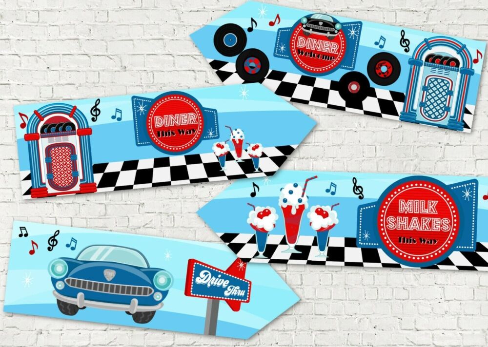 4 Red & Blue Retro American Diner Party Decoration Arrows