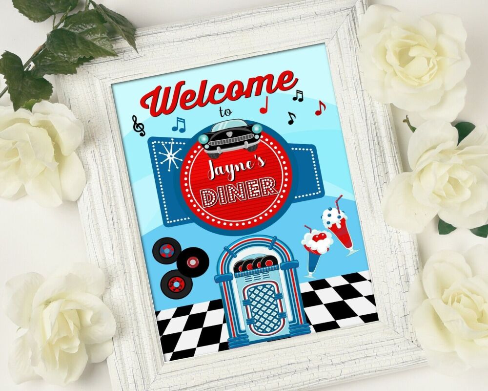 Personalised American Diner Retro Red, White & Blue Party Welcome Sign