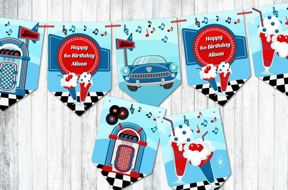 Personalised Retro 50's American Diner Red & Blue Bunting/Banner & Ribbon - 3m