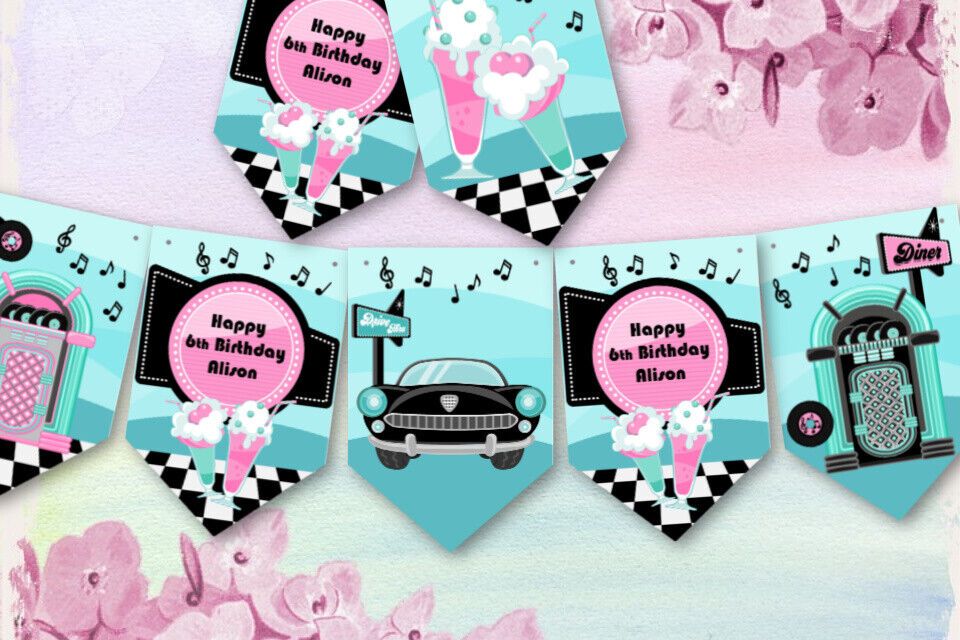 Personalised Retro 50's American Diner Style Bunting/Banner & Ribbon - 3m