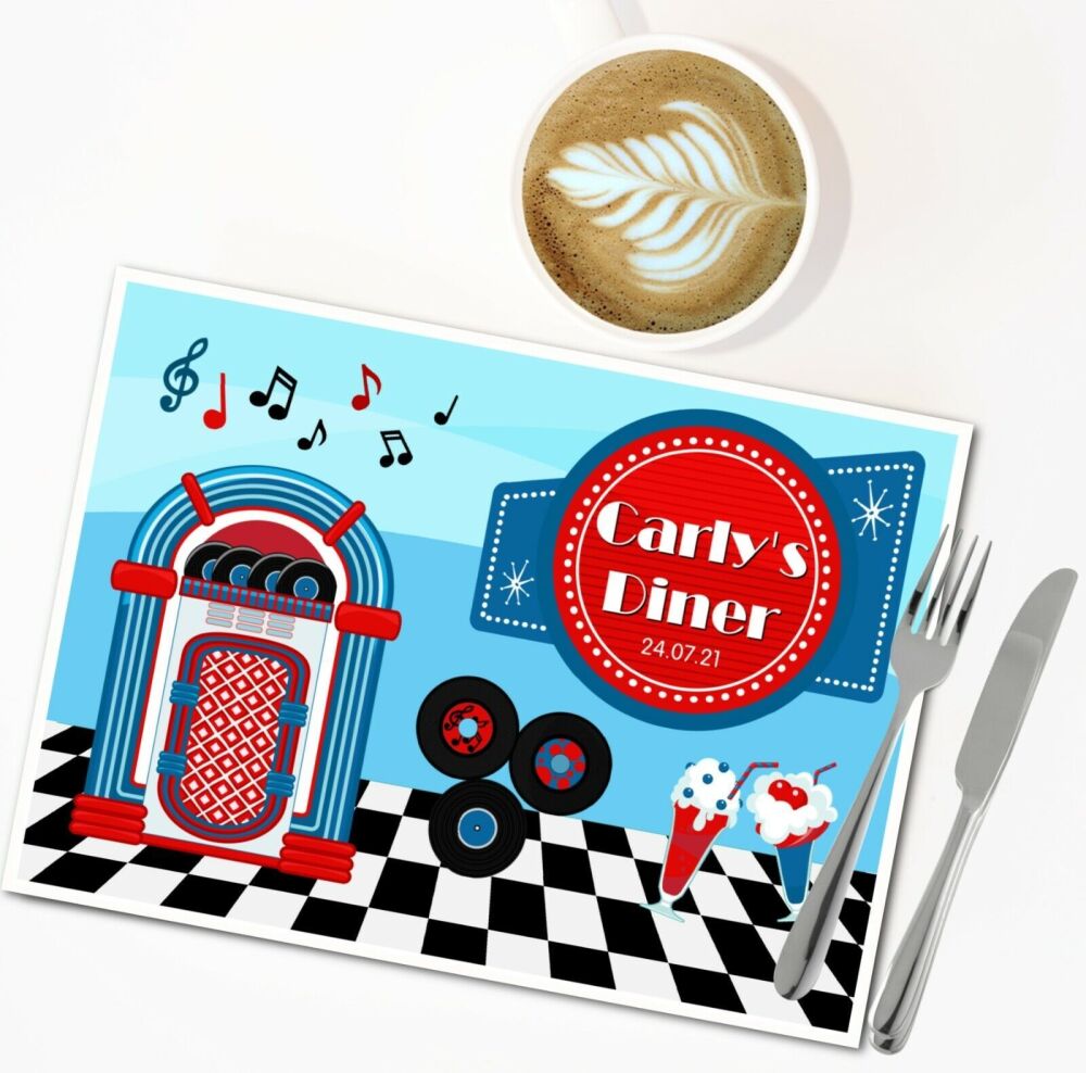 Personalised Retro 50's Red & Blue American Diner Disposable Table Place Mats
