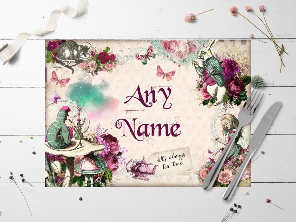 Personalised Alice in Wonderland Mulberry Laminated Table Place Mat - Any N