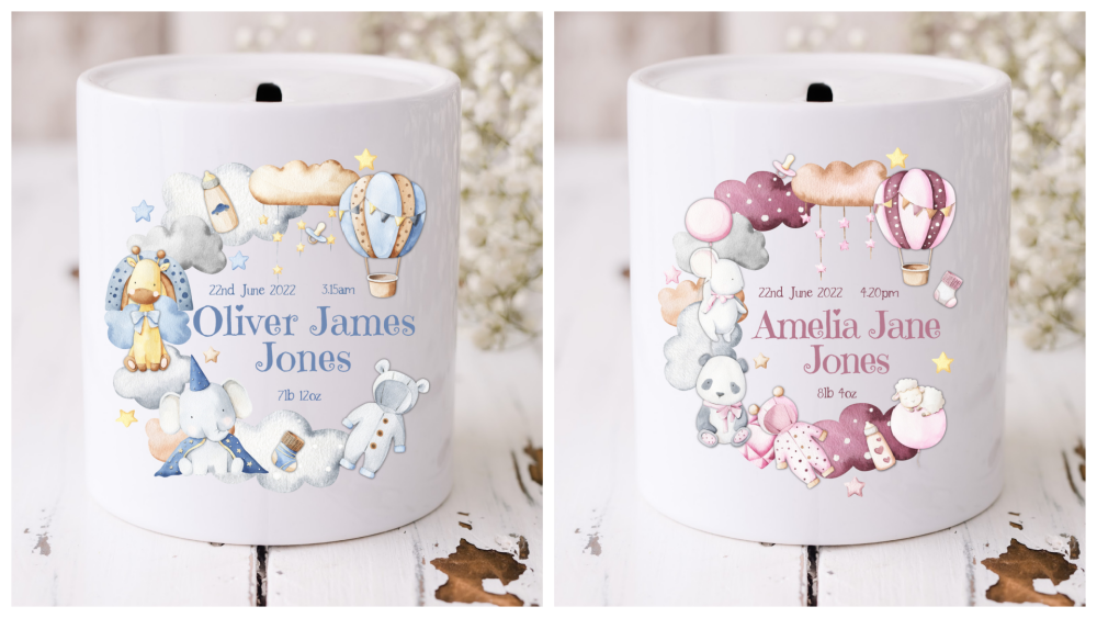 Personalised Ceramic Savings Jar,  Children's or Baby's First Money Box - Birth Record Gift Idea