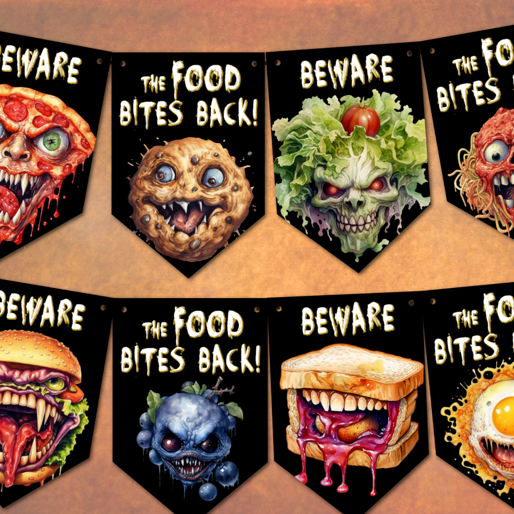 Halloween Bunting 'The Food Bites Back' Horror Themed Party Kitchen Decorat