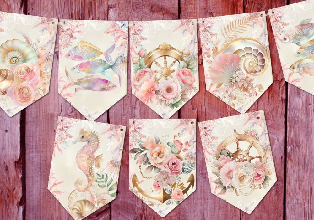 Nautical Under the Sea Fantasy Pink & Gold Floral Bunting/Banner & Ribbon