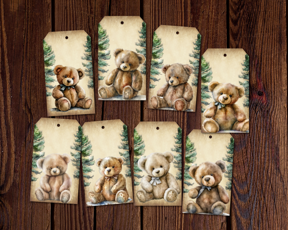 8 Woodland Teddy Bear Gift Tags & String
