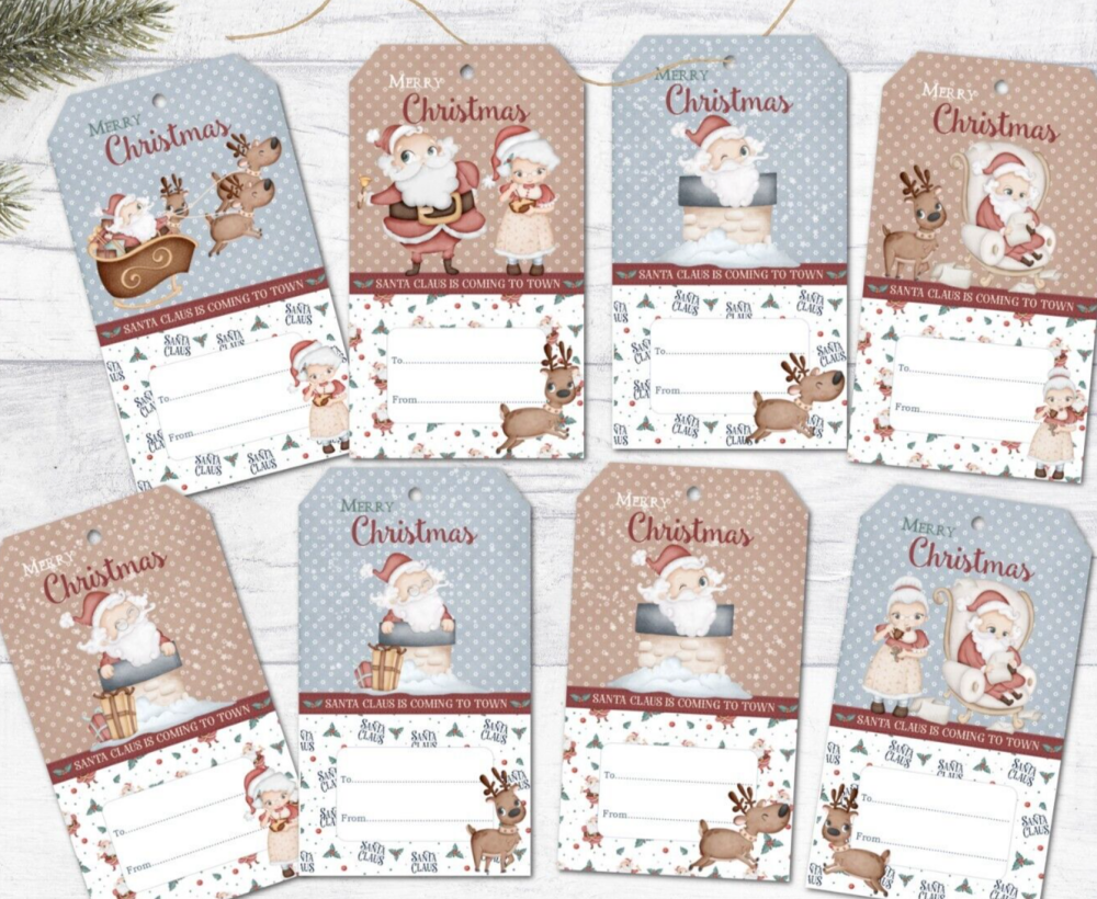 8 Santa Claus & Mrs Claus Cute Christmas Gift Tags & String