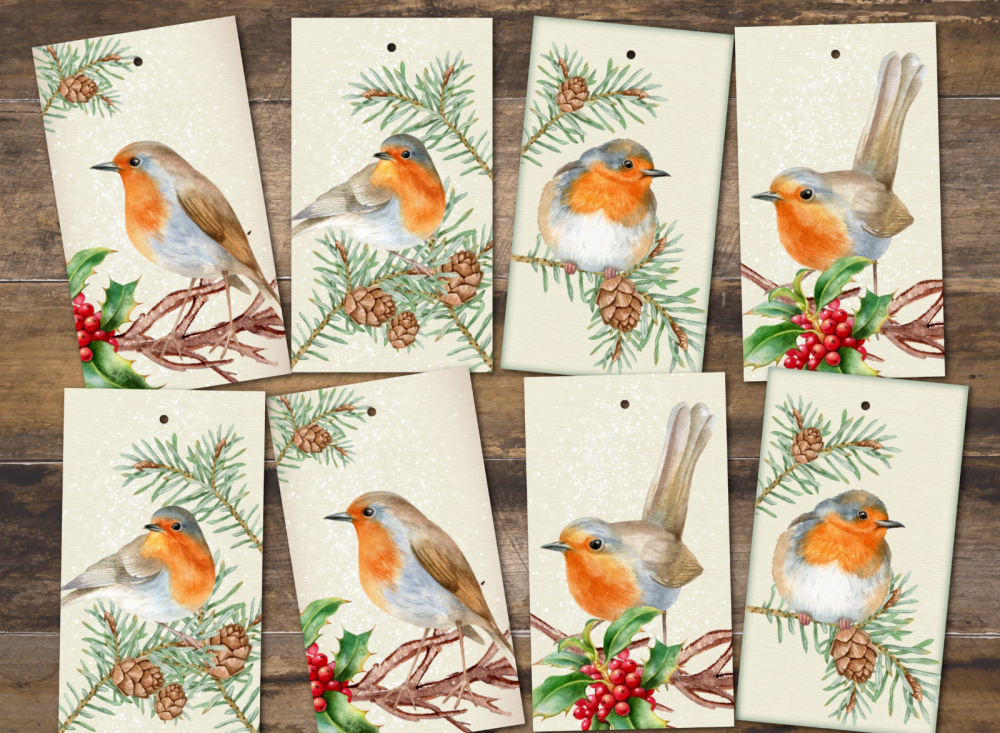 8 Woodland Robins Christmas Gift Tags & Jute Twine