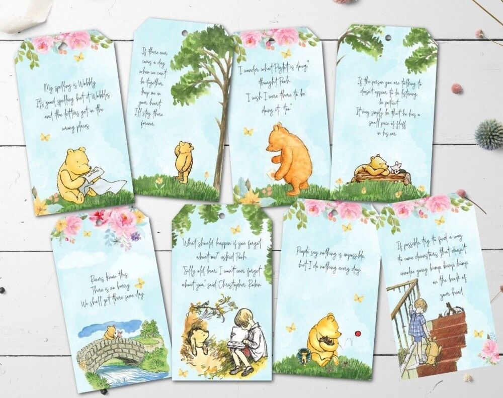 8 Woodland Winnie the Pooh & Friends Quotes Gift Tags & Jute String