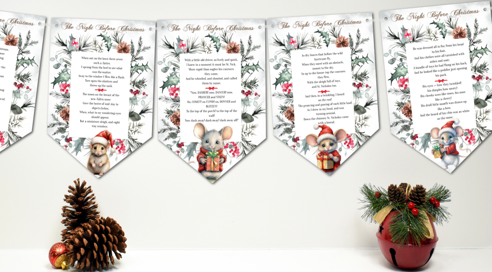 Twas the Night Before Christmas Bunting & Ribbon Cute Mice and Full Poem
