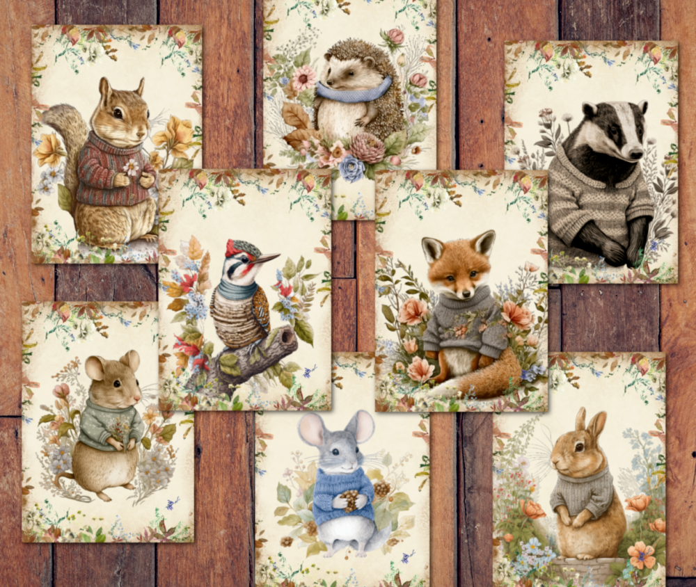 8 Woodland Animals in Knitwear Wildflower ATC Cards Tags Embellishments