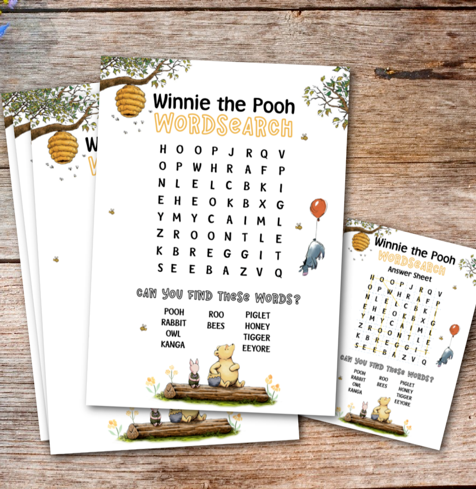 10 Winnie the Pooh Party Game Wordsearches plus Answer Sheet