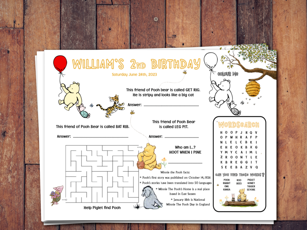 Personalised Winnie the Pooh Activity Sheet Table Place Mats Any Occasion