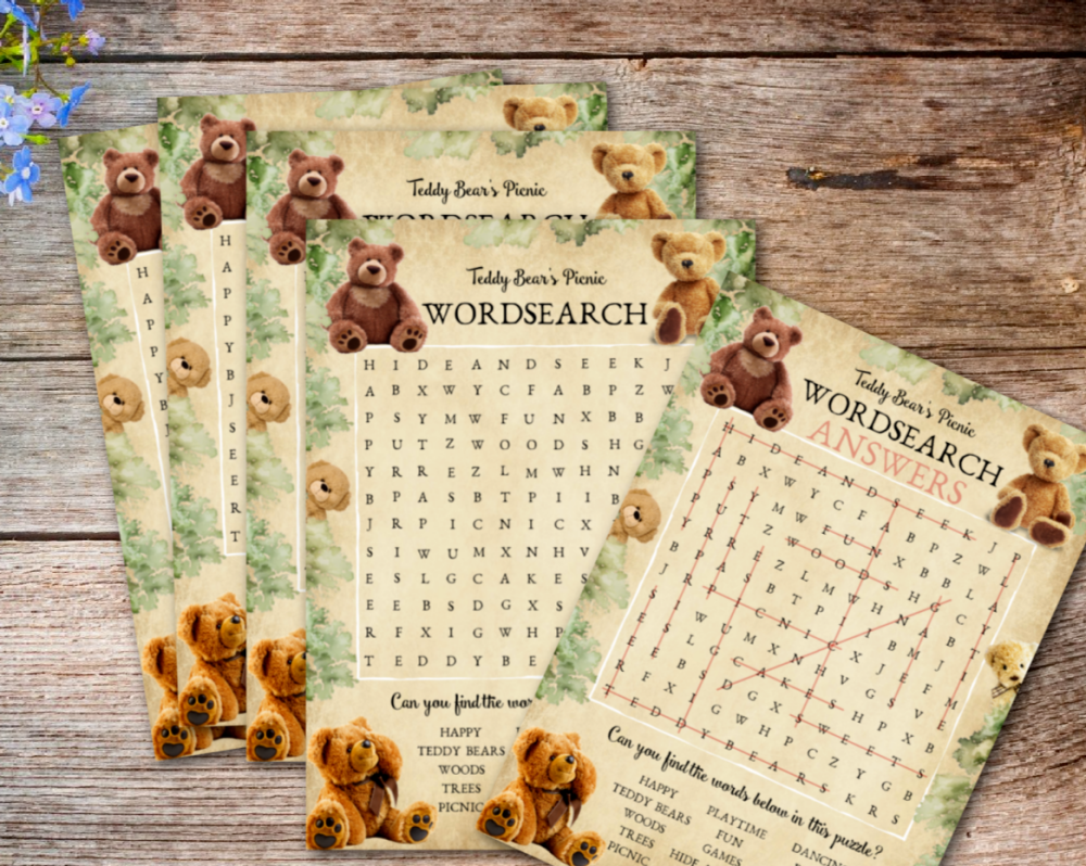 10 Teddy Bears Picnic Party Game Wordsearches plus Answer Sheet