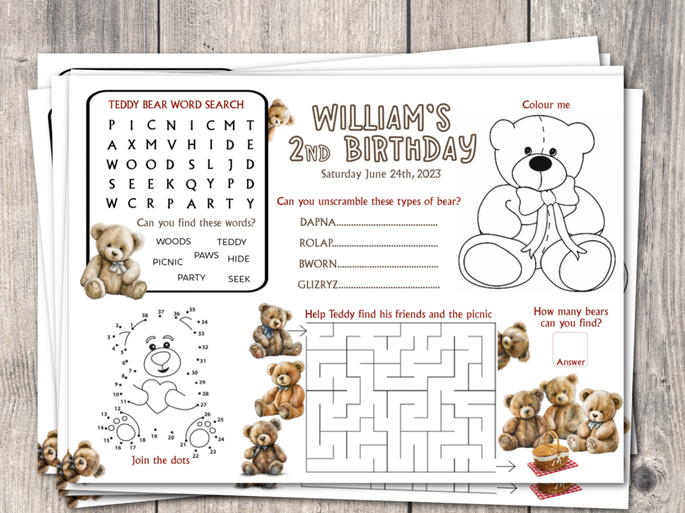 Personalised Teddy Bears Picnic Activity Games Puzzle Sheet Table Place Mats