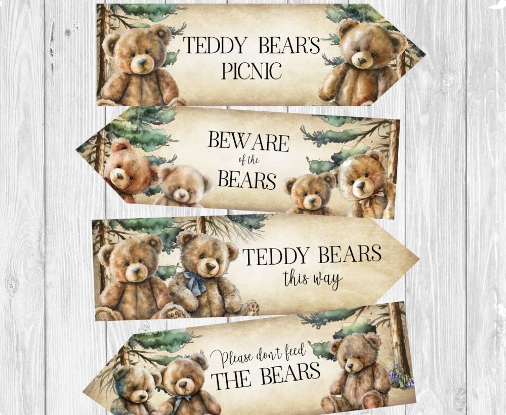 4 Teddy Bear's Picnic Arrows Woodland Party Decoration Signs