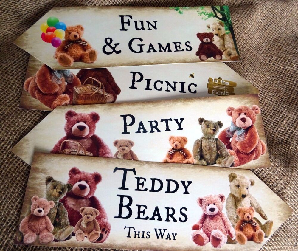 4 Teddy Bear's Picnic Party Decoration Signs Arrows