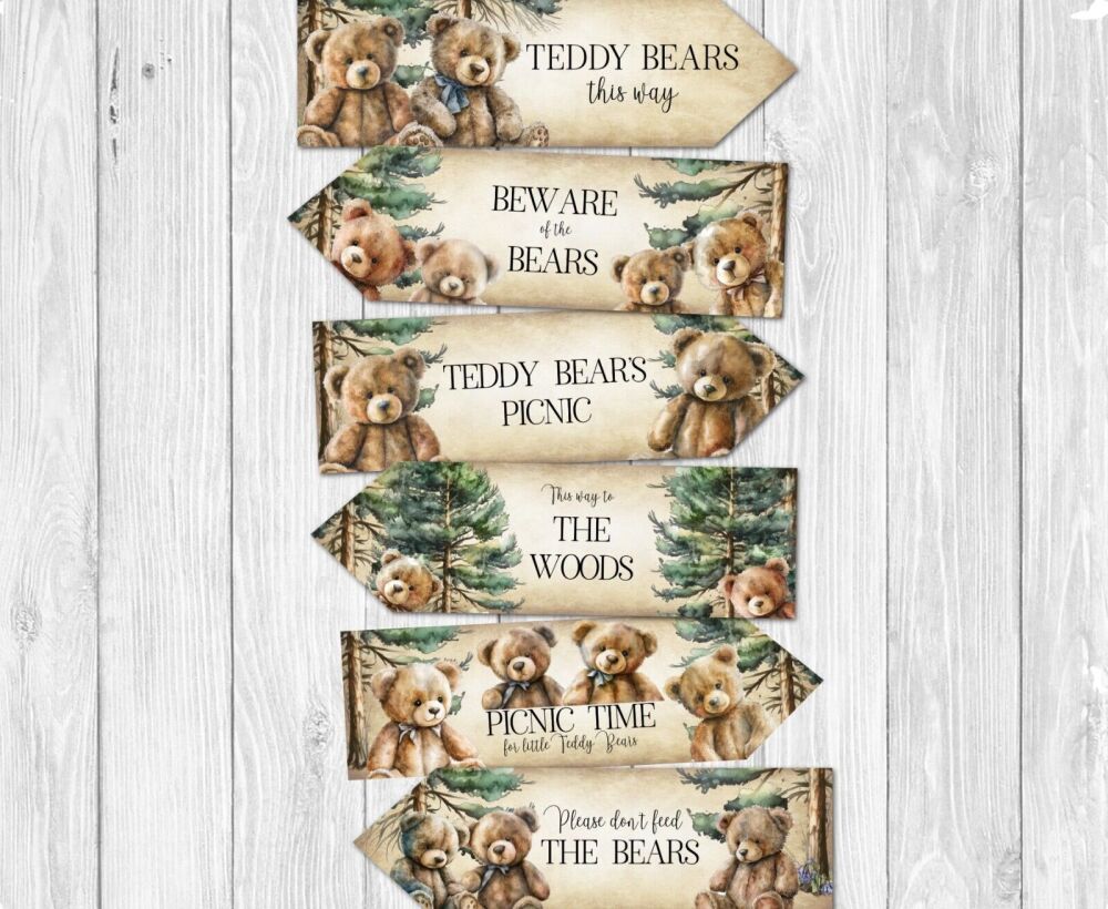 6 Teddy Bear's Picnic Arrows Woodland Party Decoration Signs