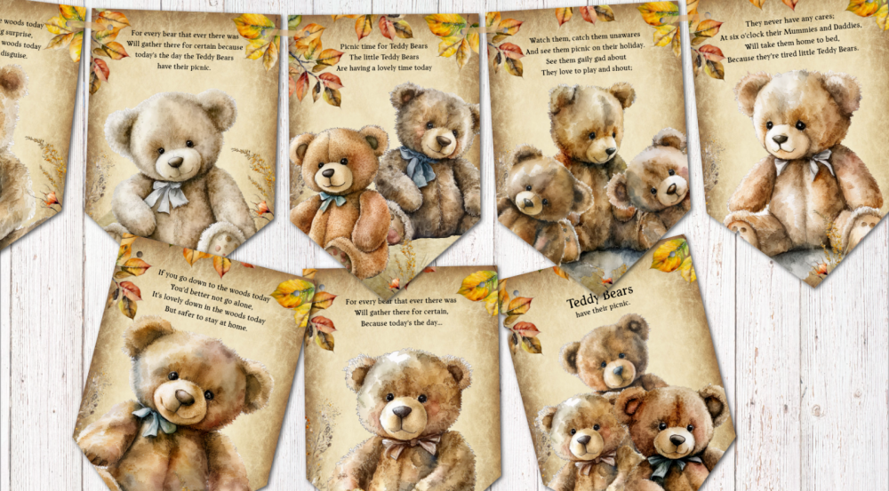 Vintage Style Teddy Bears Picnic Teddy Bear Bunting/Banner & Ribbon
