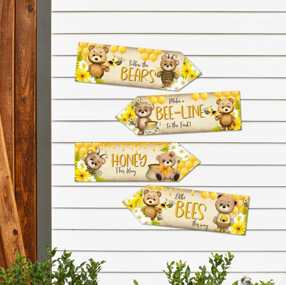 4 Honey Teddy Bears & Bumble Bees Picnic Party Decoration Signs Arrows