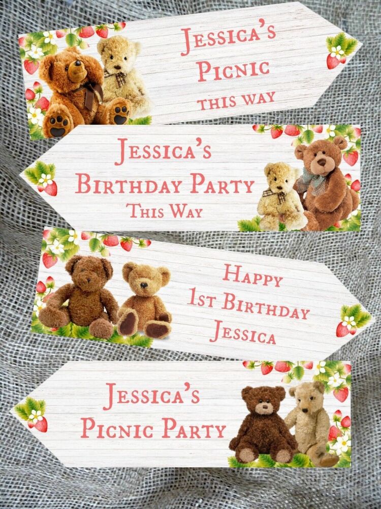 4 Personalised Strawberry Teddy Bear's Picnic Large Party Decoration Arrows
