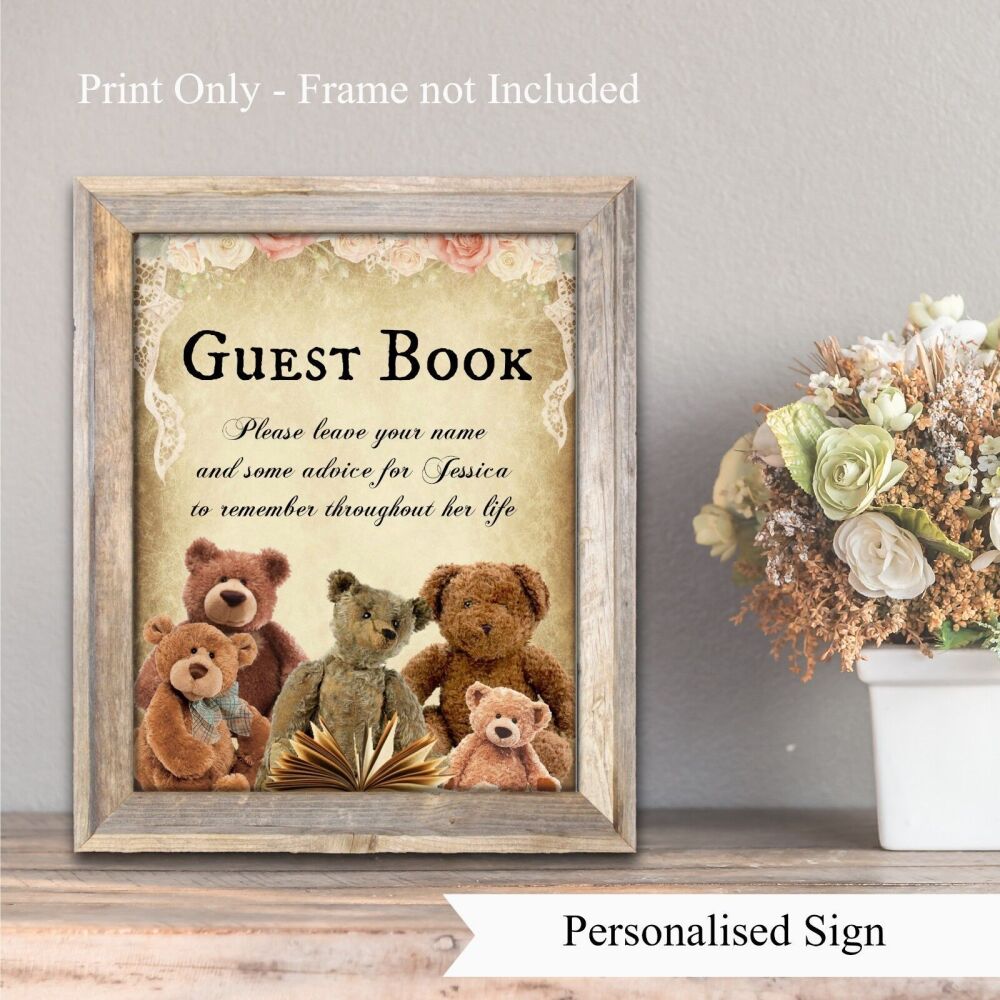 Vintage Teddy Bear Personalised Floral Guest Book Sign