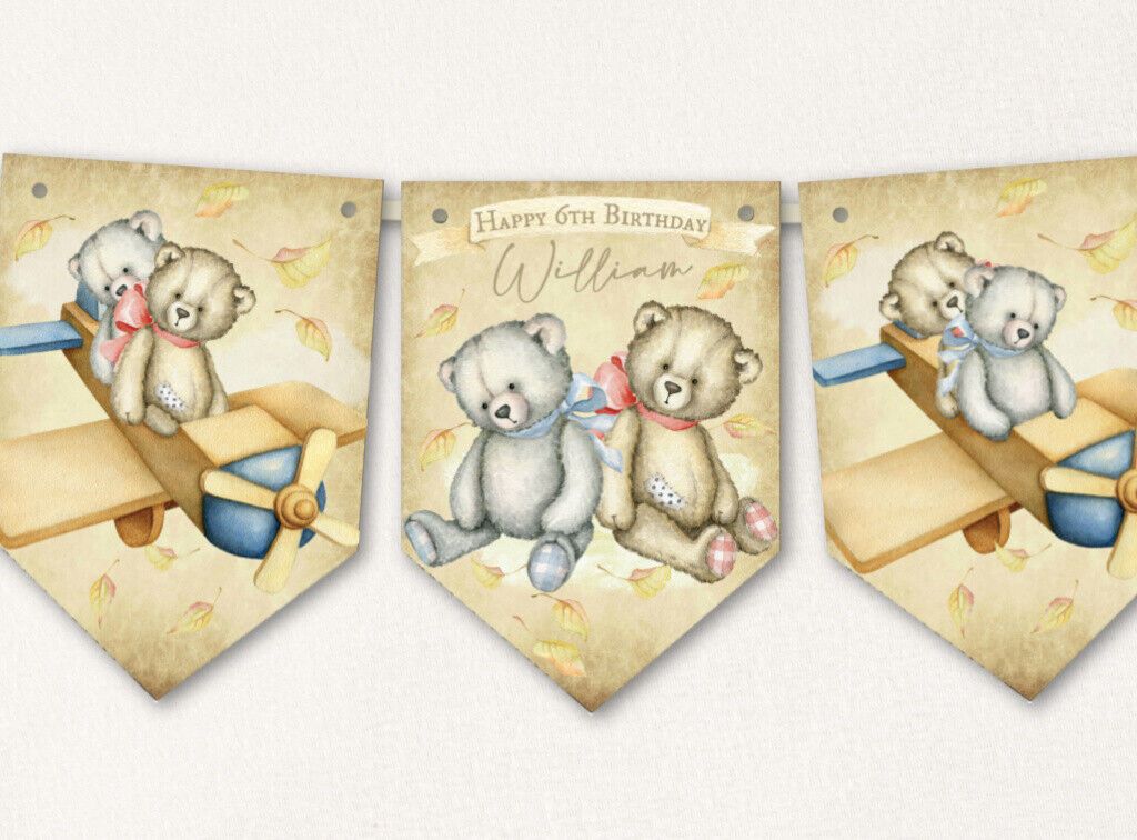 Personalised Teddy Bears & Aeroplanes Bunting/Banner & Ribbon
