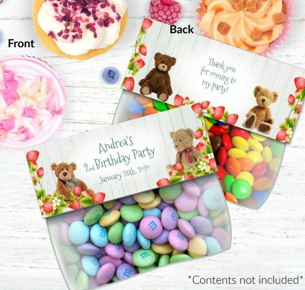 4 Strawberry Teddy Personalised Party Sweet Bags & Card Toppers - Any Occas