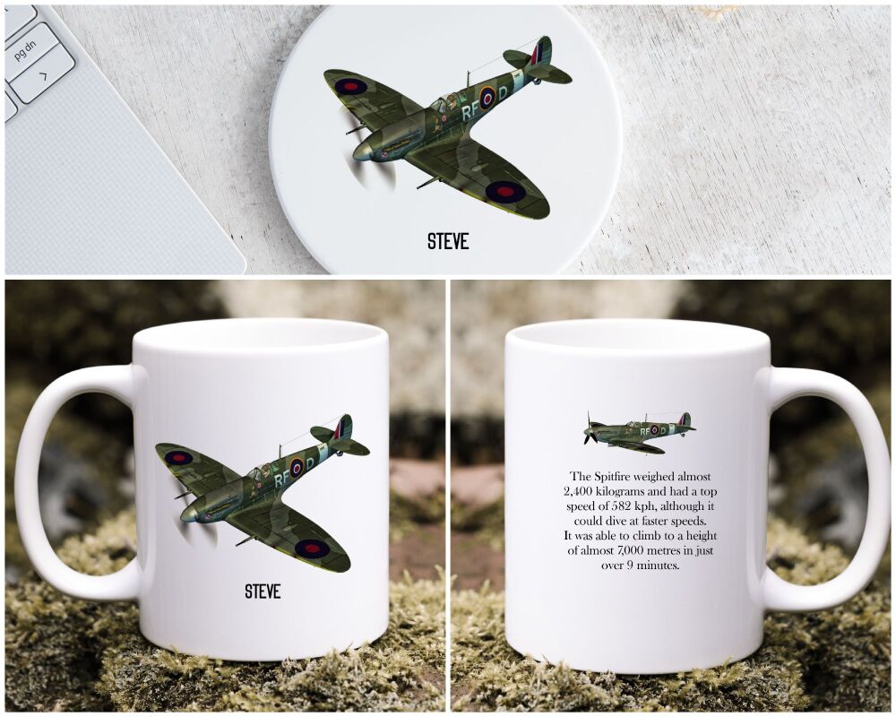 Personalised Spitfire Mug & Coaster Gift WWII RAF Classic Flying Legends