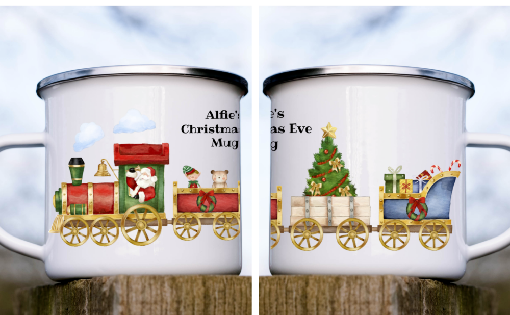Personalised Santa's Polar Express Train Enamel Metal Christmas Eve Mug Gif