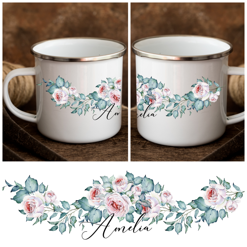 Personalised Rose Floral Enamel Metal Travel Mug Gift