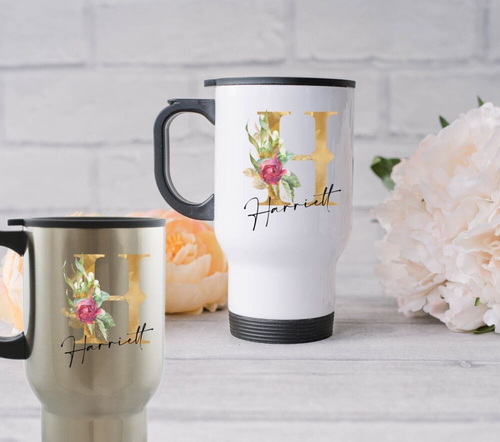 Personalised Floral Monogram Thermal Travel Mug Tea Coffee Gift