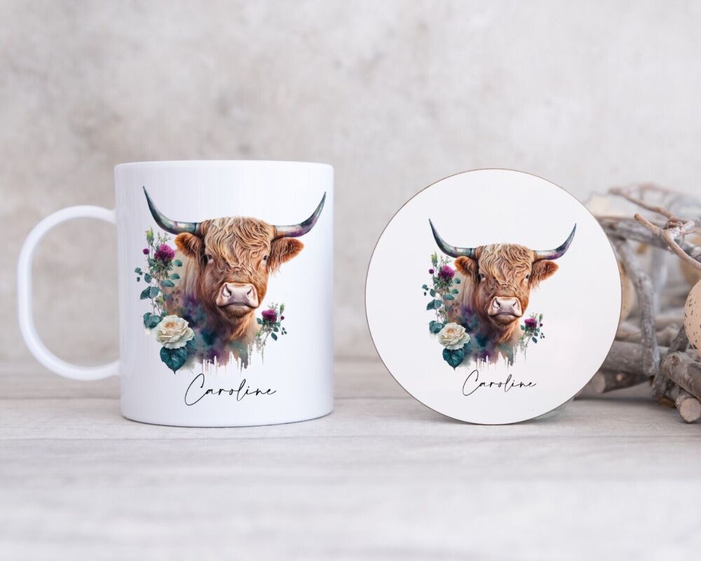 Personalised Highland Cow Mug & Coaster Set Gift Idea