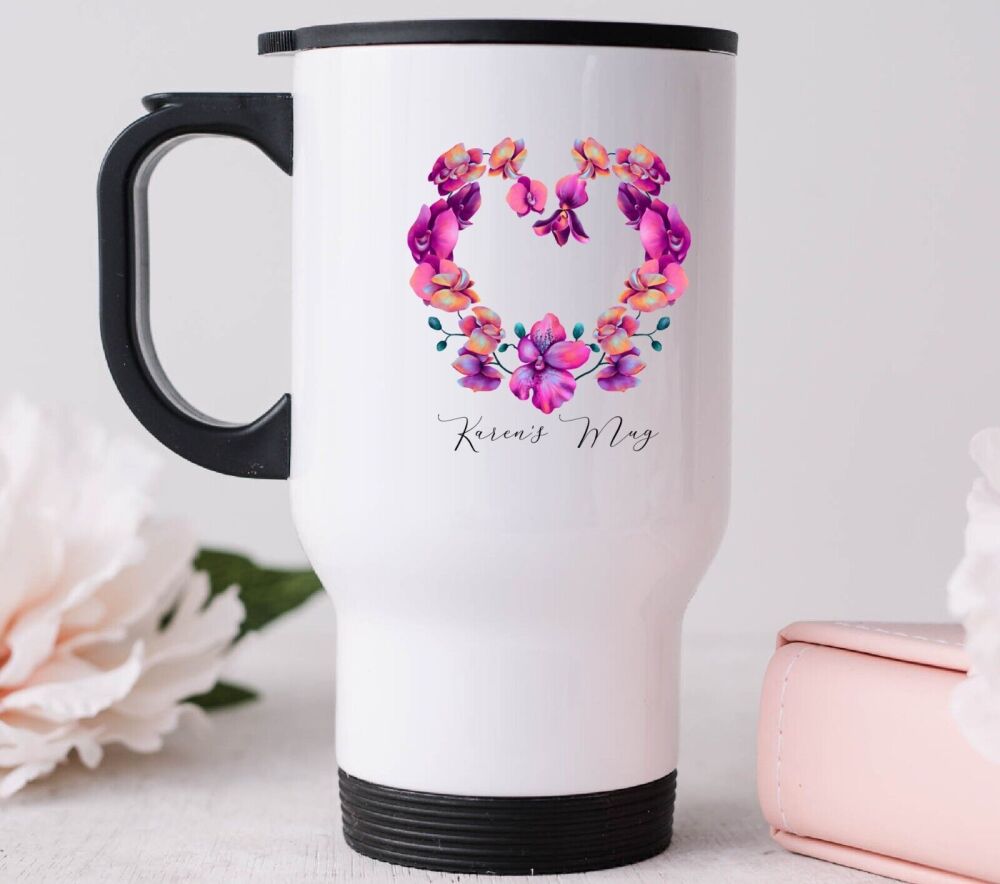 Personalised Bright Orchid Floral Thermal Travel Mug Tea Coffee Gift