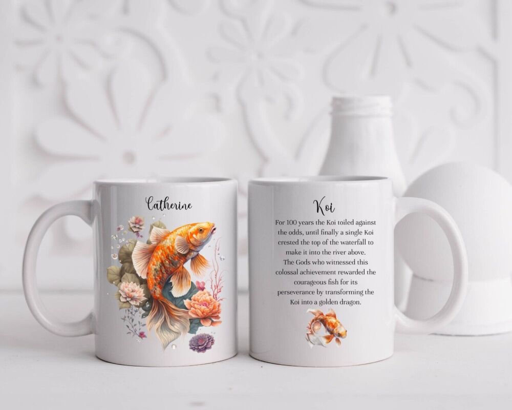 Personalised Koi Carp Mug Gift Idea with Japanese Waterfall Legend of Fish