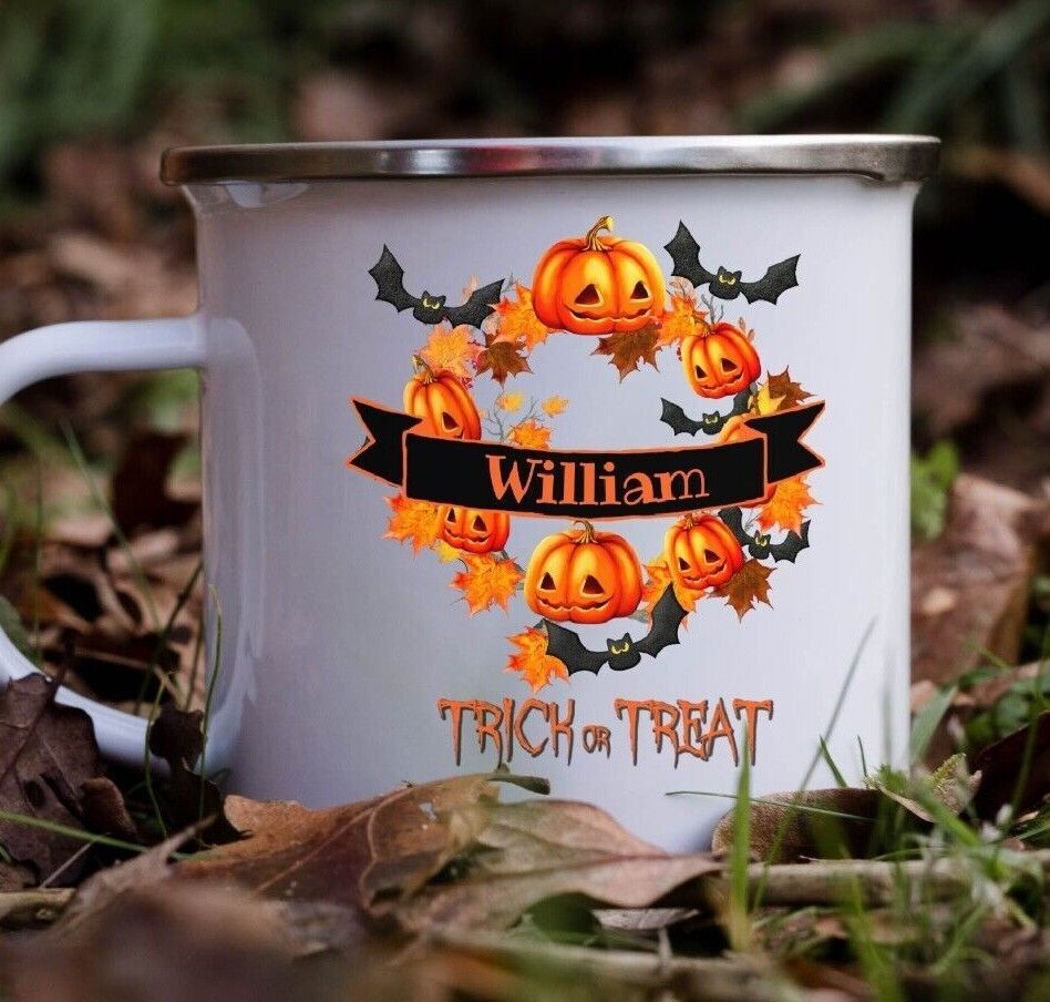 Personalised Halloween Trick or Treat Pumpkin Enamel Metal Mug Gift