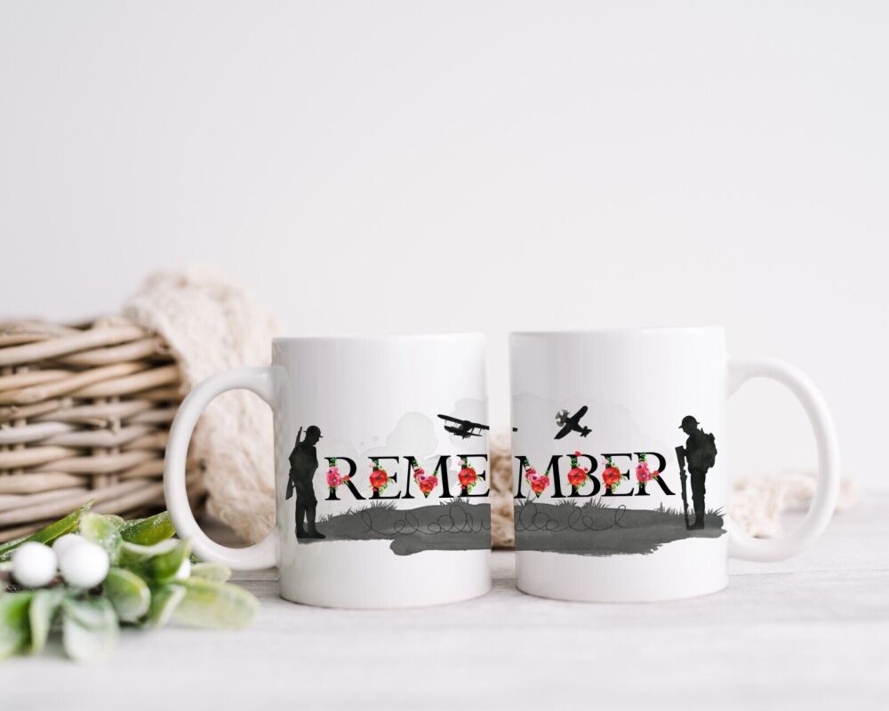 Remembrance Day 'REMEMBER' Military Poppies Mug - 10% Donated to British Le