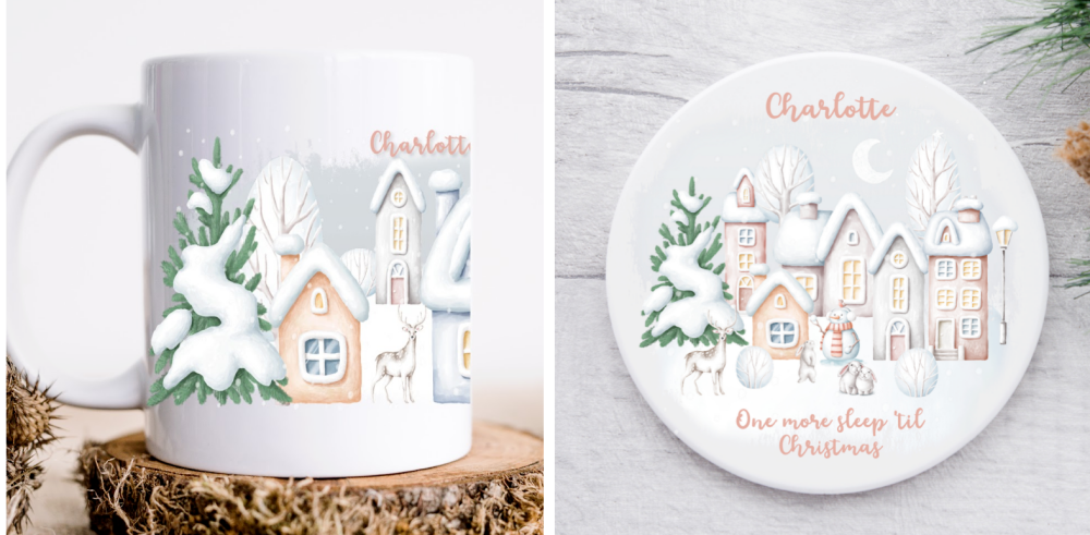 Personalised Christmas Eve Cup Mug Coaster Gift - Winter's Night Snowy Houses