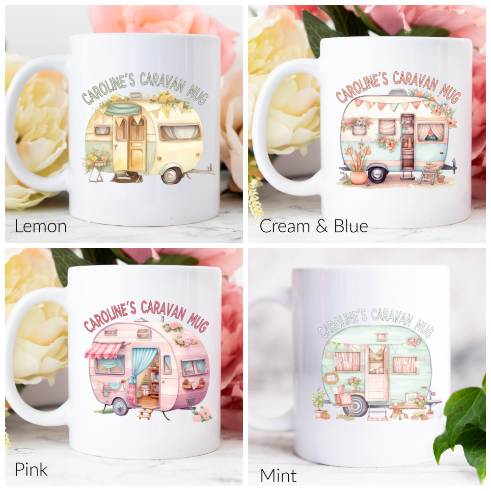 Personalised Caravan Ceramic Mug & Coaster Gift Idea - Pink, Lemon, Mint or Blue