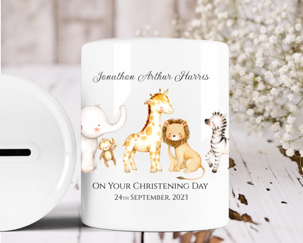 Personalised Christening Money Box Jungle Safari Ceramic Savings Jar Gift I