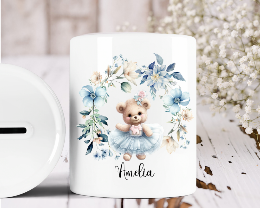 Personalised Flower Girl Teddy Bear Money Box Ceramic Savings Jar Gift Idea