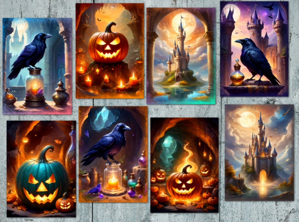 Halloween Fantasy Art ATC Cards Tags Embellishments Pumpkins & Ravens