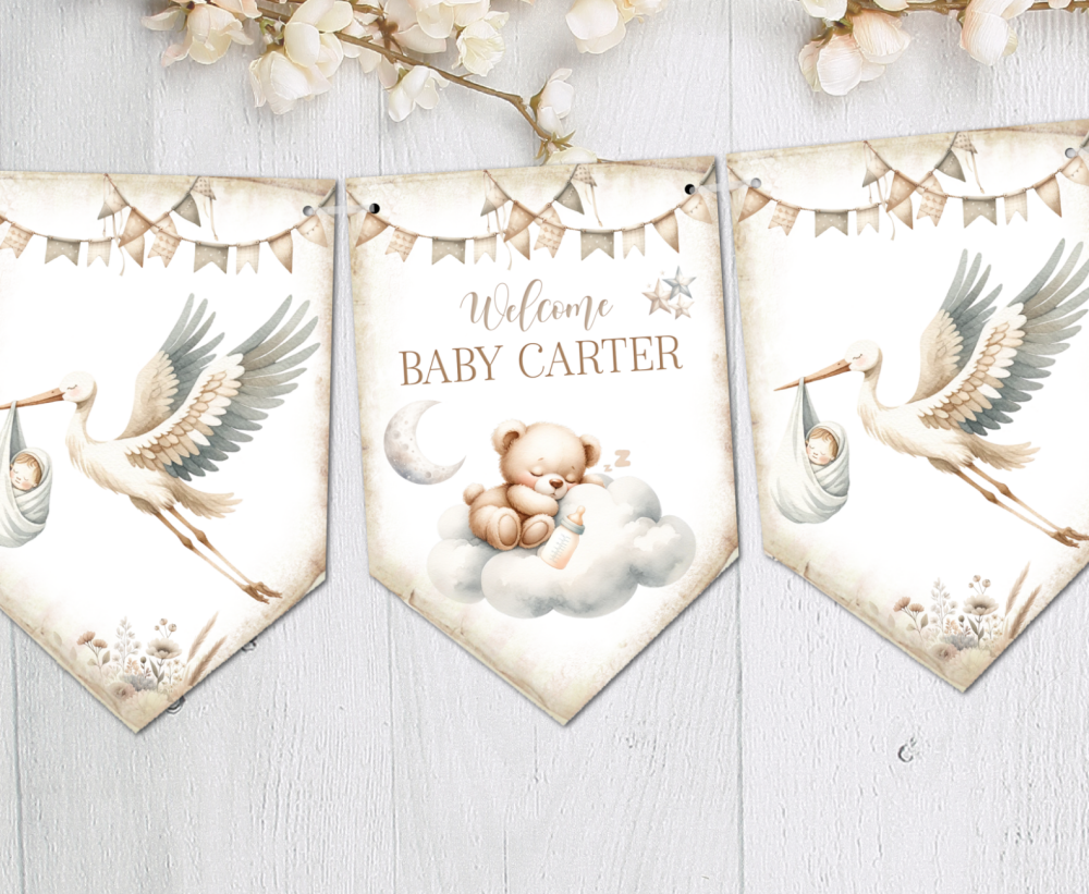 Welcome Baby Bunting Neutral Shades Personalised Decoration