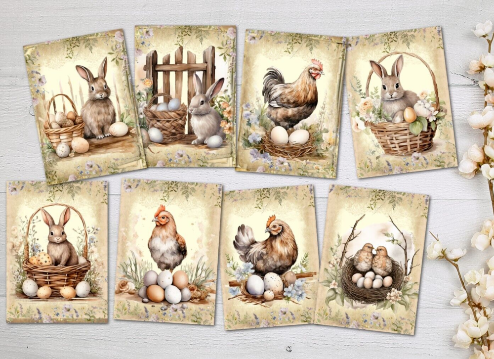 8 Easter Chickens and Bunnies ATC Card Making Tags Embellishments