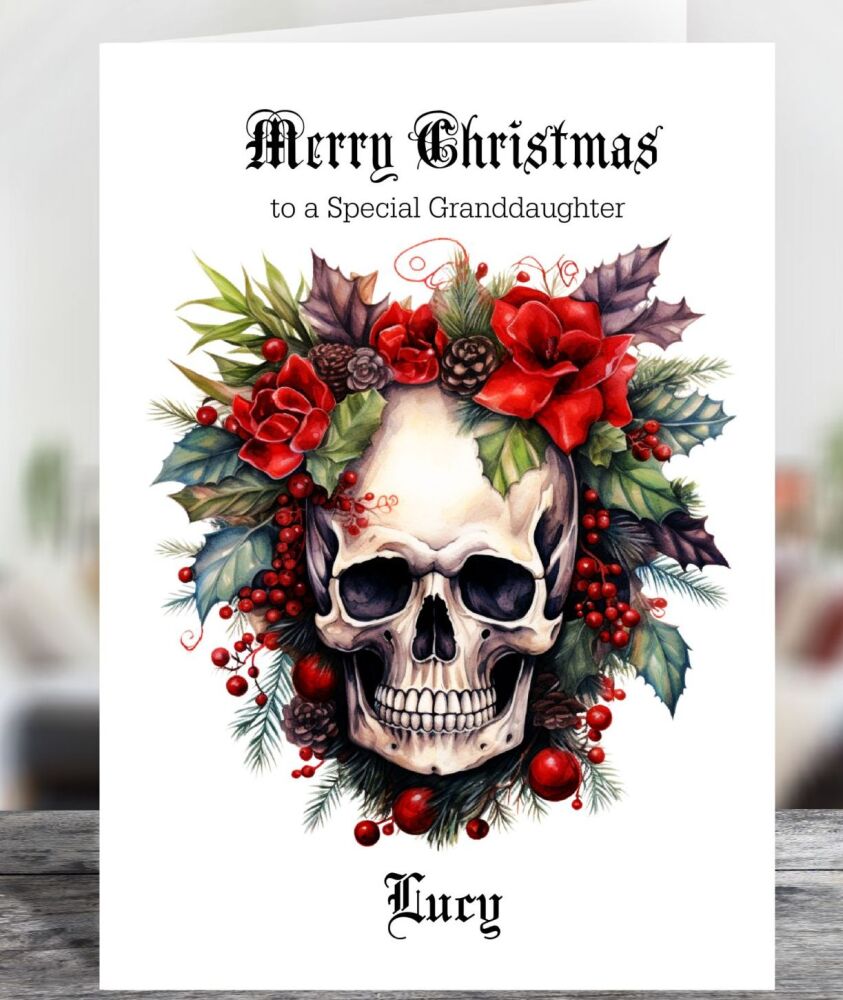Personalised Gothic Floral Skull Glossy Christmas Card - Choose Size
