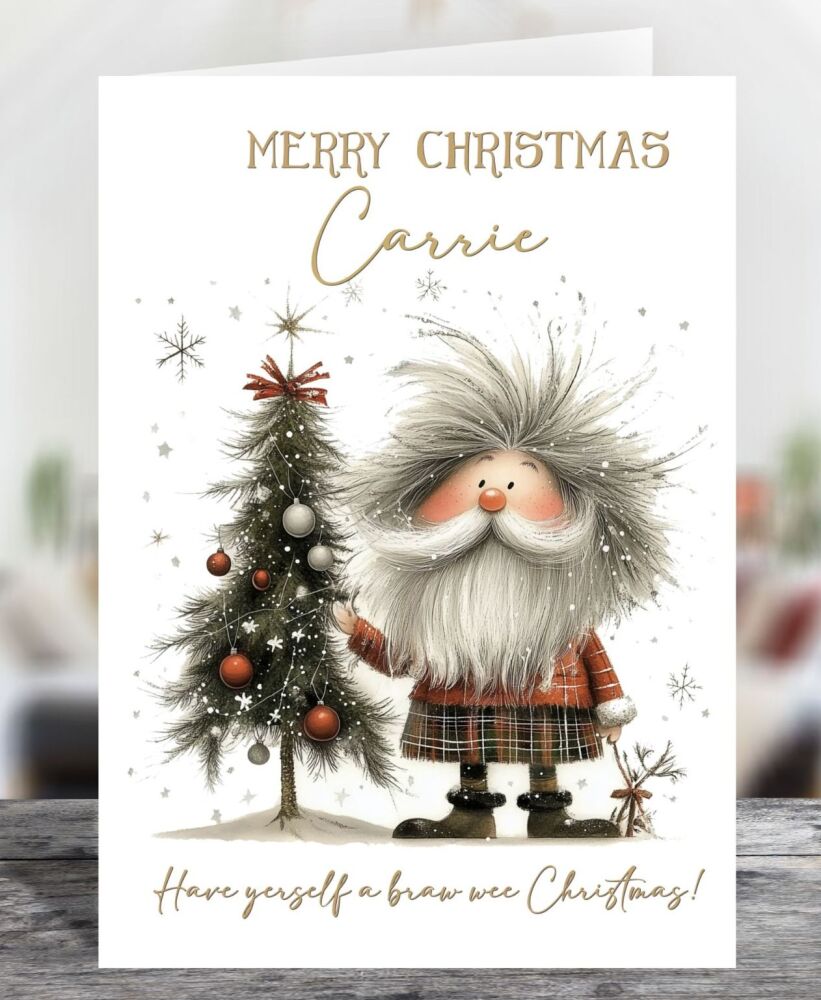 Personalised Novelty Scottish Santa Glossy Christmas Greetings Card, Choose Size