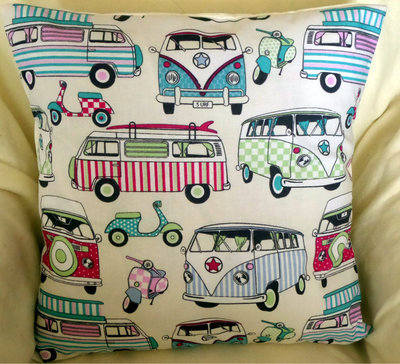 'Happy Campers' Cream Fabric Cushion Cover With Candy Turquoise Camper Vans